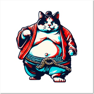 Retro Sumo Cat Humor: Vintage-Styled Feline Warrior Tee Posters and Art